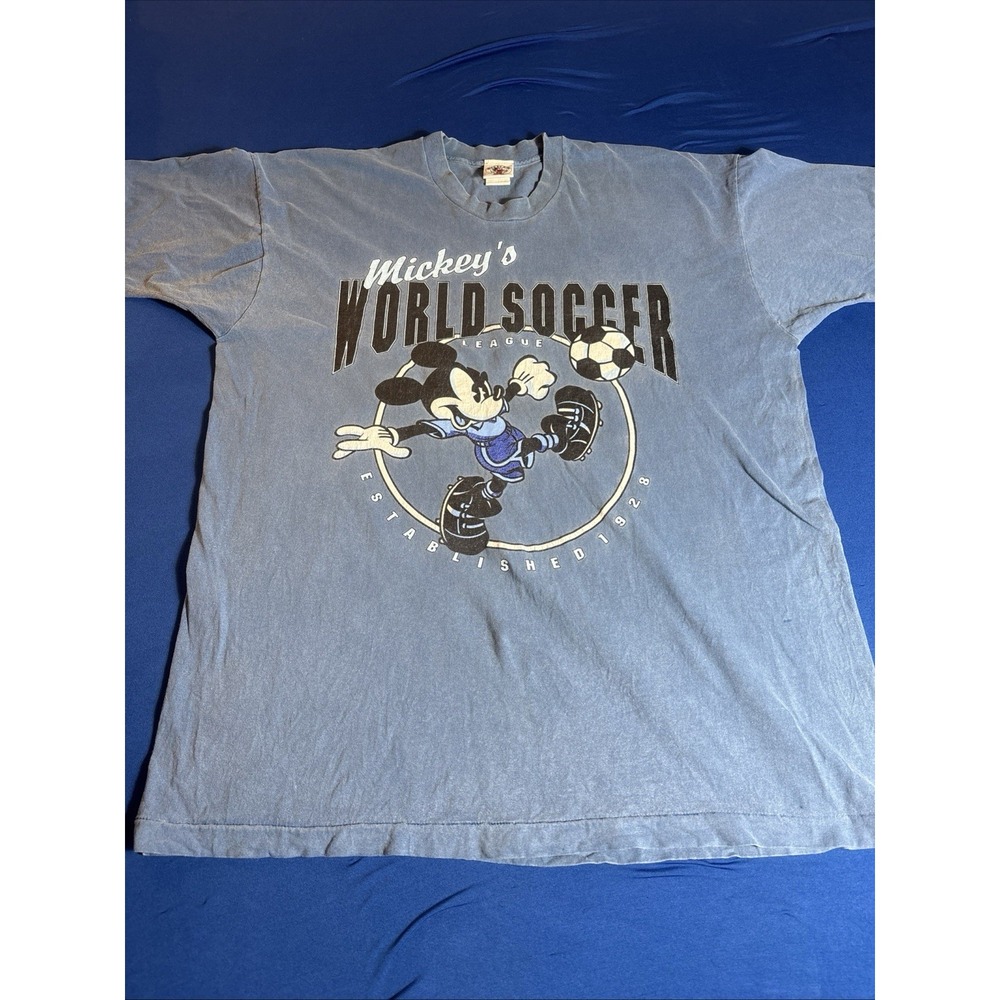 Single Stitch Mens Mickey Mouse X3 (chest 52")Blue Soccer T Shirt USA Vintage